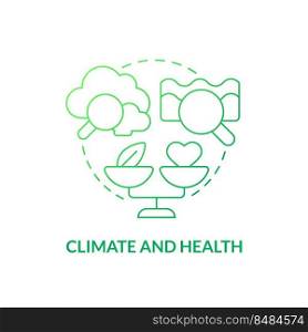 Climate and health green gradient concept icon. Pollution impact on wellbeing. Global net zero goal abstract idea thin line illustration. Isolated outline drawing. Myriad Pro-Bold fonts used. Climate and health green gradient concept icon