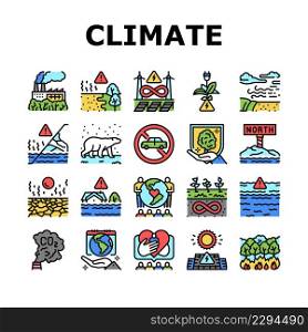 Climate Change And Eco Problem Icons Set Vector. Nature Care Day And Conservation World, Desertification And Renewable Energy, Climate Change And Glacier Melt Line. Color Illustrations. Climate Change And Eco Problem Icons Set Vector