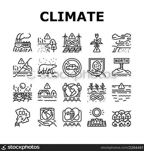 Climate Change And Eco Problem Icons Set Vector. Nature Care Day And Conservation World, Desertification And Renewable Energy, Climate Change And Glacier Melt Line. Black Contour Illustrations. Climate Change And Eco Problem Icons Set Vector