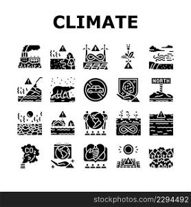 Climate Change And Eco Problem Icons Set Vector. Nature Care Day And Conservation World, Desertification And Renewable Energy, Climate Change And Glacier Melt Glyph Pictograms Black Illustrations. Climate Change And Eco Problem Icons Set Vector