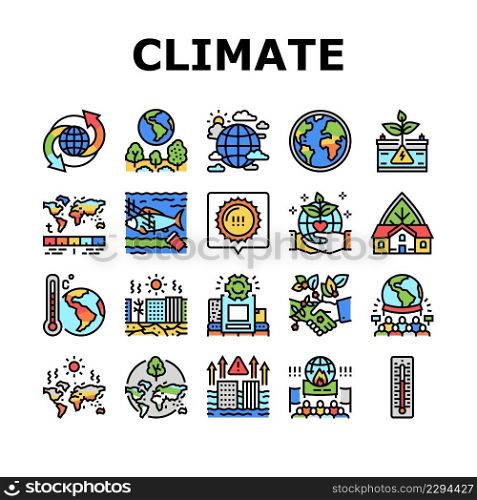Climate Change And Environment Icons Set Vector. Climate Change And Pollution Water, Globe Temperature And Hot Weather, People Save Nature And Ecology Protest Line. Color Illustrations. Climate Change And Environment Icons Set Vector