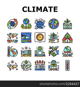 Climate Change And Environment Icons Set Vector. Climate Change And Pollution Water, Globe Temperature And Hot Weather, People Save Nature And Ecology Protest Line. Color Illustrations. Climate Change And Environment Icons Set Vector
