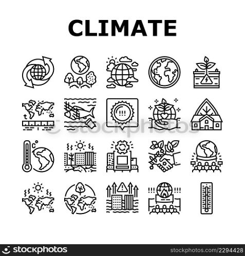 Climate Change And Environment Icons Set Vector. Climate Change And Pollution Water, Globe Temperature And Hot Weather, People Save Nature And Ecology Protest Line. Black Contour Illustrations. Climate Change And Environment Icons Set Vector
