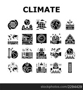 Climate Change And Environment Icons Set Vector. Climate Change And Pollution Water, Globe Temperature And Hot Weather, People Save Nature And Ecology Protest Glyph Pictograms Black Illustrations. Climate Change And Environment Icons Set Vector