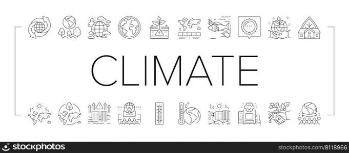Climate Change And Environment Icons Set Vector. Climate Change And Pollution Water, Globe Temperature And Hot Weather, People Save Nature And Ecology Protest Line. Black Contour Illustrations. Climate Change And Environment Icons Set Vector