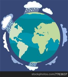 Climate change around world concept. Earth with continents and World ocean. Planet surrounded by rain and snow clouds. Caring for nature and preserving planet. World globe vector illustration. Climate change around world concept. Earth with continents and World ocean vector illustration