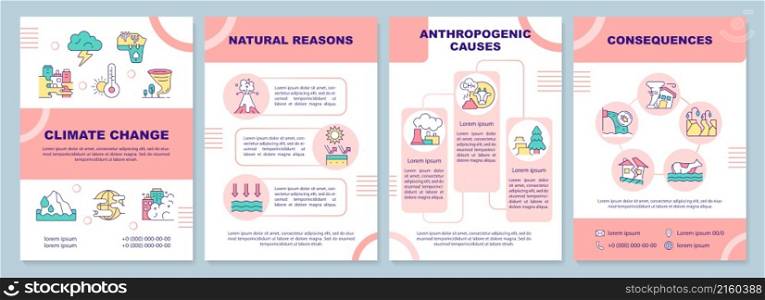 Climate change brochure template. Reasons and effect. Booklet print design with linear icons. Vector layouts for presentation, annual reports, ads. Arial-Black, Myriad Pro-Regular fonts used. Climate change brochure template
