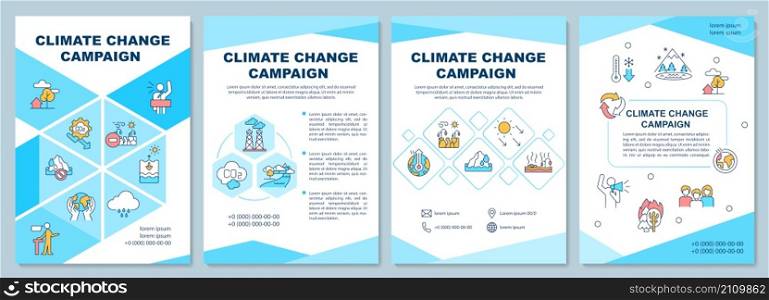 Climate change campaign brochure template. Prevent warming. Booklet print design with linear icons. Vector layouts for presentation, annual reports, ads. Arial-Black, Myriad Pro-Regular fonts used. Climate change campaign brochure template