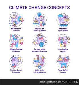 Climate change concept icons set. Environmental issues. Global warming idea thin line color illustrations. Isolated outline drawings. Editable stroke. Roboto-Medium, Myriad Pro-Bold fonts used. Climate change concept icons set