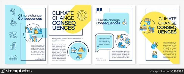 Climate change consequences blue and yellow brochure template. Booklet print design with linear icons. Vector layouts for presentation, annual reports, ads. Questrial, Lato-Regular fonts used. Climate change consequences blue and yellow brochure template