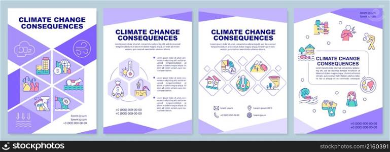 Climate change consequences brochure template. Booklet print design with linear icons. Vector layouts for presentation, annual reports, ads. Arial-Black, Myriad Pro-Regular fonts used. Climate change consequences brochure template