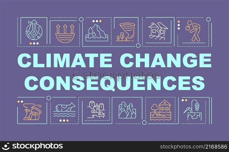 Climate change consequences word concepts dark purple banner. Infographics with linear icons on background. Isolated typography. Vector color illustration with text. Arial-Black font used. Climate change consequences word concepts dark purple banner