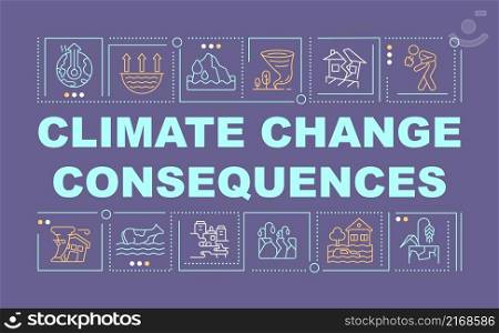 Climate change consequences word concepts dark purple banner. Infographics with linear icons on background. Isolated typography. Vector color illustration with text. Arial-Black font used. Climate change consequences word concepts dark purple banner