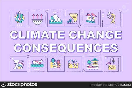 Climate change consequences word concepts purple banner. Infographics with linear icons on background. Isolated typography. Vector color illustration with text. Arial-Black font used. Climate change consequences word concepts purple banner