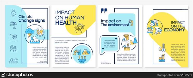 Climate change effects blue and yellow brochure template. Booklet print design with linear icons. Vector layouts for presentation, annual reports, ads. Questrial, Lato-Regular fonts used. Climate change effects blue and yellow brochure template