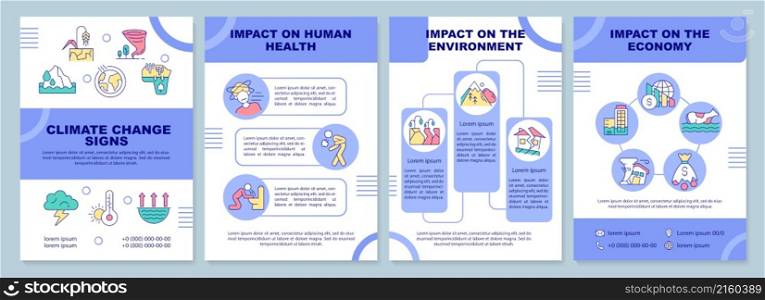 Climate change effects brochure template. Negative consequence. Booklet print design with linear icons. Vector layouts for presentation, annual reports, ads. Arial-Black, Myriad Pro-Regular fonts used. Climate change effects brochure template