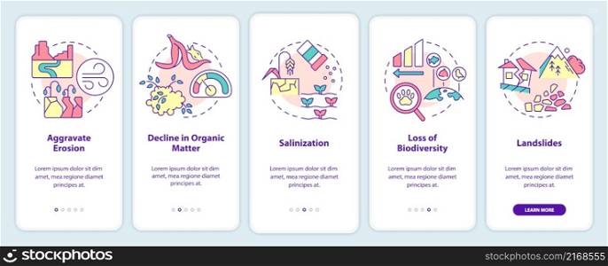Climate change impact on environment onboarding mobile app screen. Walkthrough 5 steps graphic instructions pages with linear concepts. UI, UX, GUI template. Myriad Pro-Bold, Regular fonts used. Climate change impact on environment onboarding mobile app screen