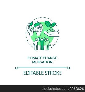 Climate change mitigation concept icon. Organic waste reduction idea thin line illustration. Energy efficiency. Changing consumer behavior. Vector isolated outline RGB color drawing. Editable stroke. Climate change mitigation concept icon