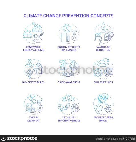 Climate change prevention blue gradient concept icons set. Avoid global warming idea thin line color illustrations. Isolated outline drawings. Roboto-Medium, Myriad Pro-Bold fonts used. Climate change prevention blue gradient concept icons set