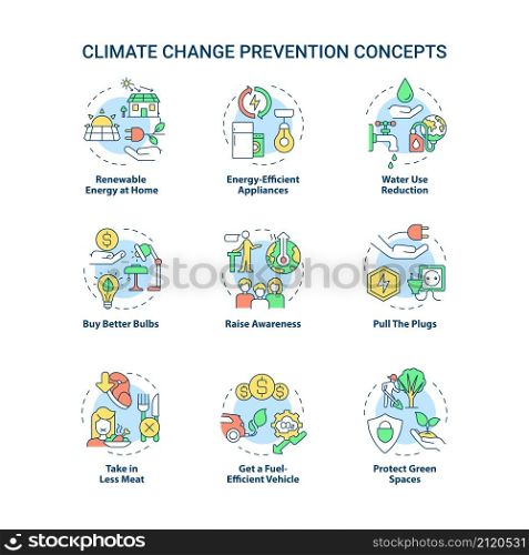 Climate change prevention concept icons set. Avoid global warming idea thin line color illustrations. Isolated outline drawings. Editable stroke. Roboto-Medium, Myriad Pro-Bold fonts used. Climate change prevention concept icons set