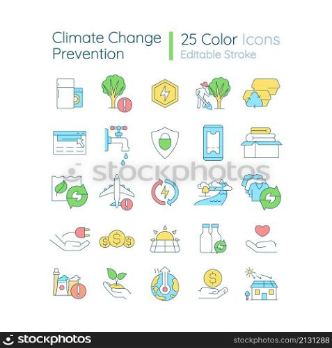 Climate change prevention RGB color icons set. Stop air contamination. Isolated vector illustrations. Simple filled line drawings collection. Editable stroke. Quicksand-Light font used. Climate change prevention RGB color icons set