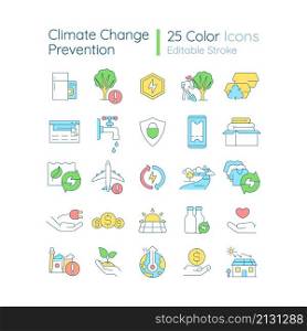 Climate change prevention RGB color icons set. Stop air contamination. Isolated vector illustrations. Simple filled line drawings collection. Editable stroke. Quicksand-Light font used. Climate change prevention RGB color icons set