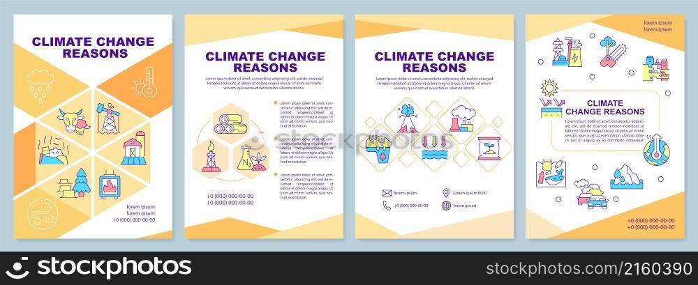 Climate change reasons brochure template. Human impact. Booklet print design with linear icons. Vector layouts for presentation, annual reports, ads. Arial-Black, Myriad Pro-Regular fonts used. Climate change reasons brochure template