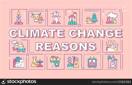 Climate change reasons word concepts pink banner. Global warming. Infographics with linear icons on background. Isolated typography. Vector color illustration with text. Arial-Black font used. Climate change reasons word concepts pink banner