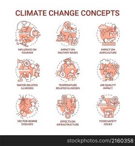 Climate change red concept icons set. Environmental issues. Global warming idea thin line color illustrations. Isolated outline drawings. Editable stroke. Roboto-Medium, Myriad Pro-Bold fonts used. Climate change red concept icons set