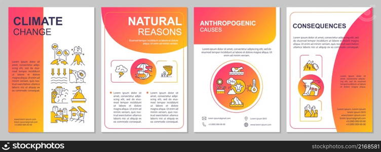 Climate change red gradient brochure template. Booklet print design with linear icons. Vector layouts for presentation, annual reports, ads. Arial-Black, Myriad Pro-Regular fonts used. Climate change red gradient brochure template