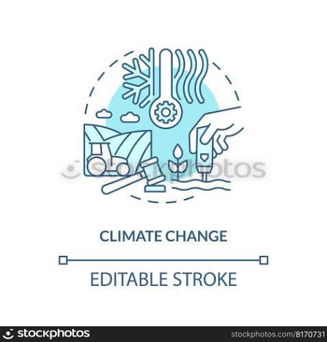 Climate change turquoise concept icon. Environment. Agriculture policy objective abstract idea thin line illustration. Isolated outline drawing. Editable stroke. Arial, Myriad Pro-Bold fonts used. Climate change turquoise concept icon
