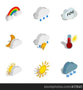 Climate icons set. Isometric 3d illustration of 9 climate vector icons for web. Climate icons, isometric 3d style