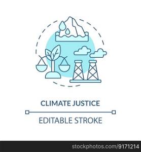 Climate justice blue concept icon. Global warming prevention. Social justice example abstract idea thin line illustration. Isolated outline drawing. Editable stroke. Arial, Myriad Pro-Bold fonts used. Climate justice blue concept icon
