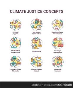 Climate justice concept icons set. Environmental protection idea thin line RGB color illustrations. Global warming. Climate change. Vector isolated outline drawings. Editable stroke. Climate justice concept icons set