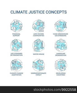 Climate justice concept icons set. Global warming reduce idea thin line RGB color illustrations. Global warming. Climate change. Vector isolated outline drawings. Editable stroke. Climate justice concept icons set