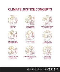 Climate justice concept icons set. Naturel protection idea thin line RGB color illustrations. Global warming. Climate justice. Vector isolated outline drawings. Climate justice concept icons set