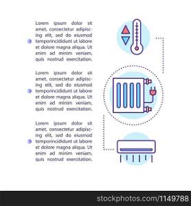 Climate management article page vector template. Air conditioning and heating control. Brochure, magazine, booklet design element with linear icons. Print design. Concept illustrations with text