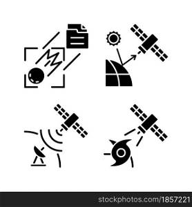 Climate monitoring satellites black glyph icons set on white space. Remote sensing satellite. Meteorological Earth observation system. Silhouette symbols. Vector isolated illustration. Climate monitoring satellites black glyph icons set on white space