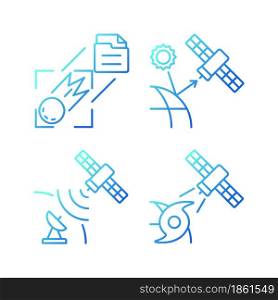 Climate monitoring satellites gradient linear vector icons set. Meteorological Earth observation system. Thin line contour symbols bundle. Isolated outline illustrations collection. Climate monitoring satellites gradient linear vector icons set