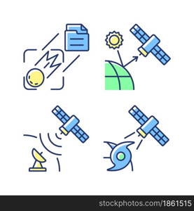 Climate monitoring satellites green, blue RGB color icons set. Remote sensing satellite. Meteorological Earth observation system. Isolated vector illustrations. Simple filled line drawings collection. Climate monitoring satellites green, blue RGB color icons set