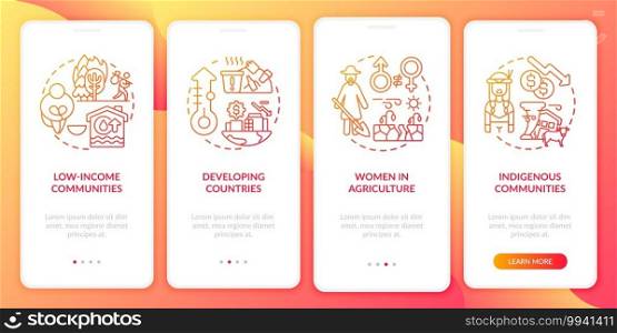Climate poverty risk groups onboarding mobile app page screen with concepts. Woman in agriculture walkthrough 4 steps graphic instructions. UI vector template with RGB color illustrations. Climate poverty risk groups onboarding mobile app page screen with concepts