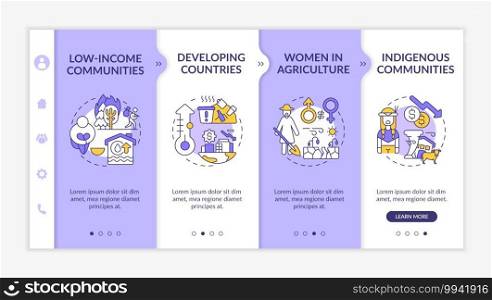 Climate poverty risk groups onboarding vector template. Eco problems. Responsive mobile website with icons. Woman in agriculture. Webpage walkthrough 4 step screens. RGB color concept. Climate poverty risk groups onboarding