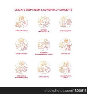 Climate skepticism and conspiracy gradient concept icons set. Economic and humanitarian denial. Promoting nuclear power idea thin line color illustrations. Vector isolated outline drawings.. Climate skepticism and conspiracy gradient concept icons set