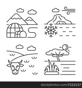 Climate zones linear icons set. Southern and northern regions. Temperate climatic conditions. Customizable thin line contour symbols. Isolated vector outline illustrations. Editable stroke. Climate zones linear icons set