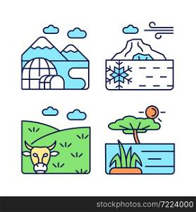 Climate zones RGB color icons set. Southern and northern regions. Temperate climatic conditions. Isolated vector illustrations. Simple filled line drawings collection. Editable stroke. Climate zones RGB color icons set