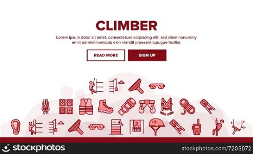 Climber Equipment Landing Web Page Header Banner Template Vector. Climber Helmet And Glasses, Boot, Safety Rope And Skyscraper Windows Cleaning Device Illustrations. Climber Equipment Landing Header Vector
