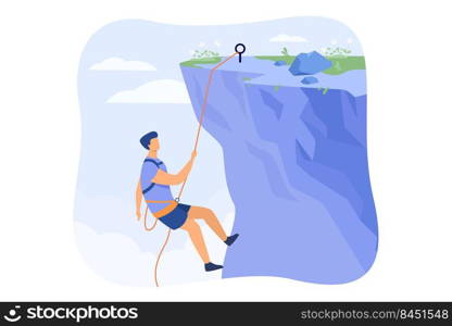 Climber hanging on rope and pulling himself on top of rocky mountain wall. Extreme mountaineer climbing on cliff. For sport, outdoor activity, risk, alpinist concept