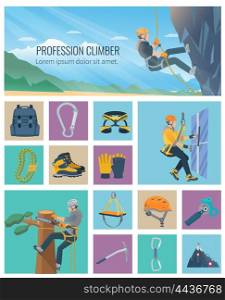 Climber Icon Flat. Set of color flat icons about industrial profession climber and climbing equipment vector illustration