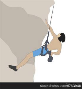 Climber man climb on rock with rope. Vector mountain cliff, person travel and adventure extreme illustration. Climber man climb on rock with rope