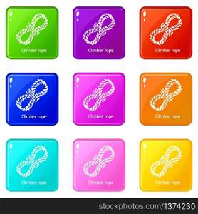 Climber rope icons set 9 color collection isolated on white for any design. Climber rope icons set 9 color collection